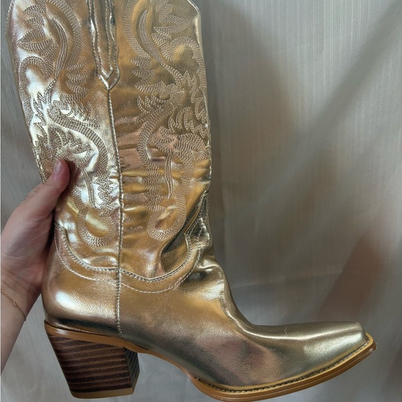 Gold Metallic Cowgirl Western Cowboy Chunky Heeled Boots Size 9 - Picture 6 of 10